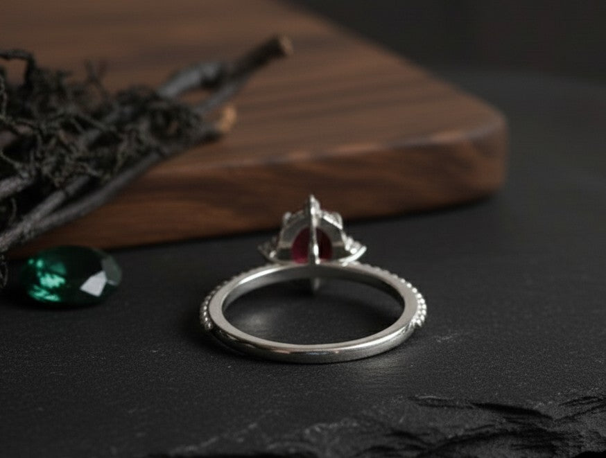 Regal Passion Ring: Natural Garnet & Dazzling Moissanite Cluster Setting