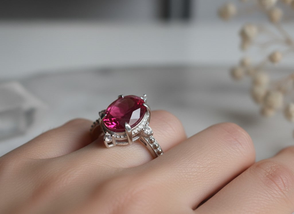 Vintage Romance Ring: Natural Oval Ruby with Dazzling Moissanite Accents