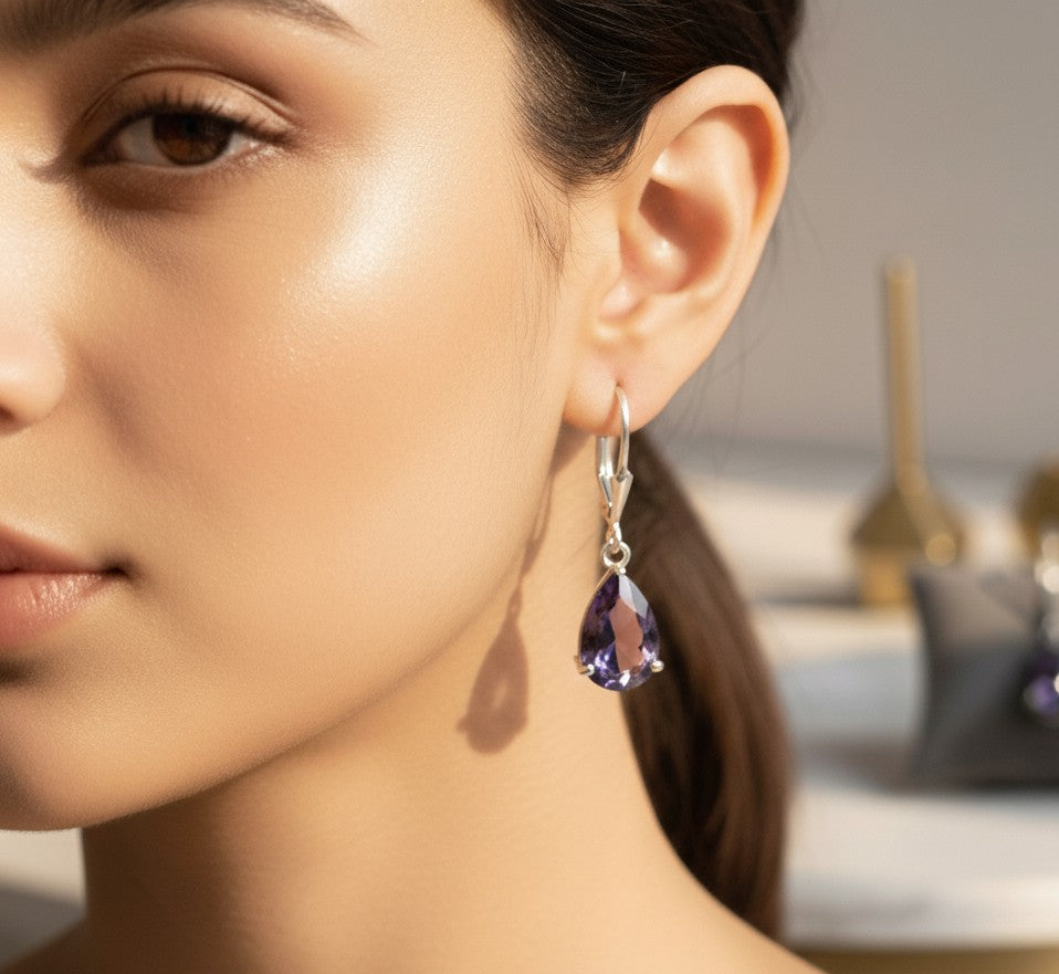 Regal Drop Earrings: Natural Pear Amethyst & Sparkling Moissanite Dangles