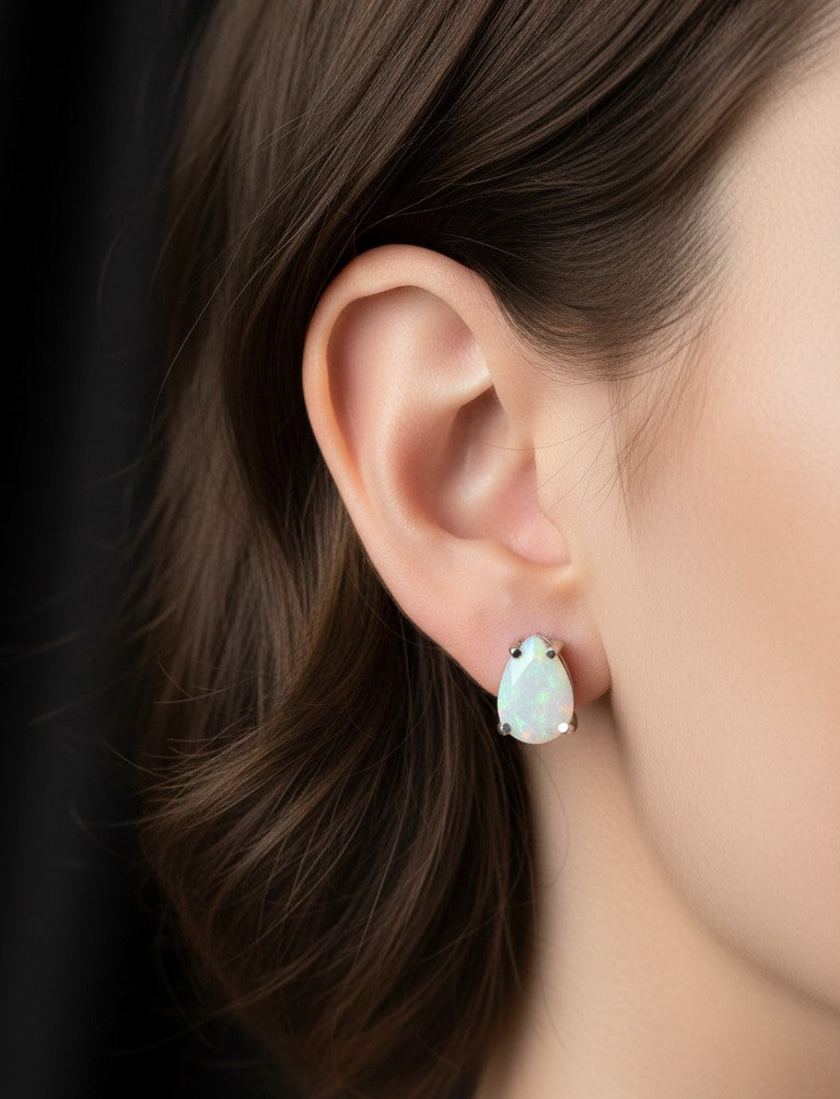 Ethereal Fire Studs: Natural Pear Opal Earrings in Sterling Silver