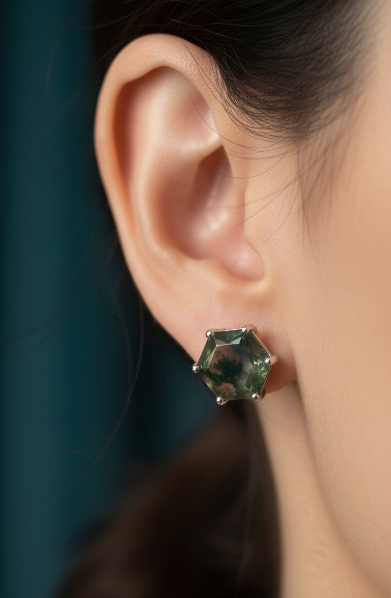 Earthy Glow Studs: Natural Hexagon Moss Agate Earrings in Sterling Silver