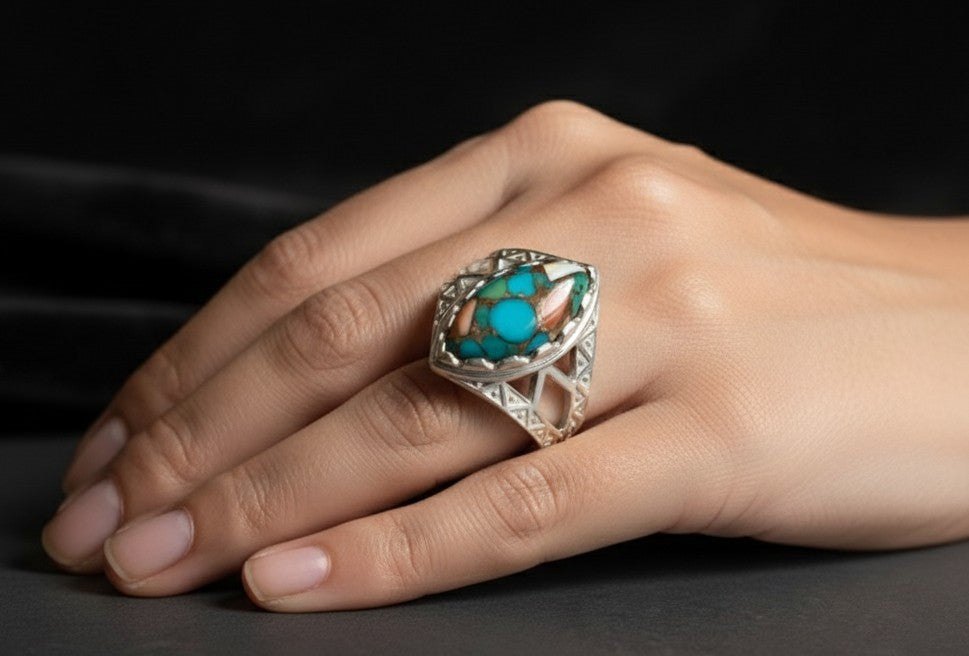 Bohemian Majesty Ring: Natural Turquoise Composite & Sterling Silver Statement Piece