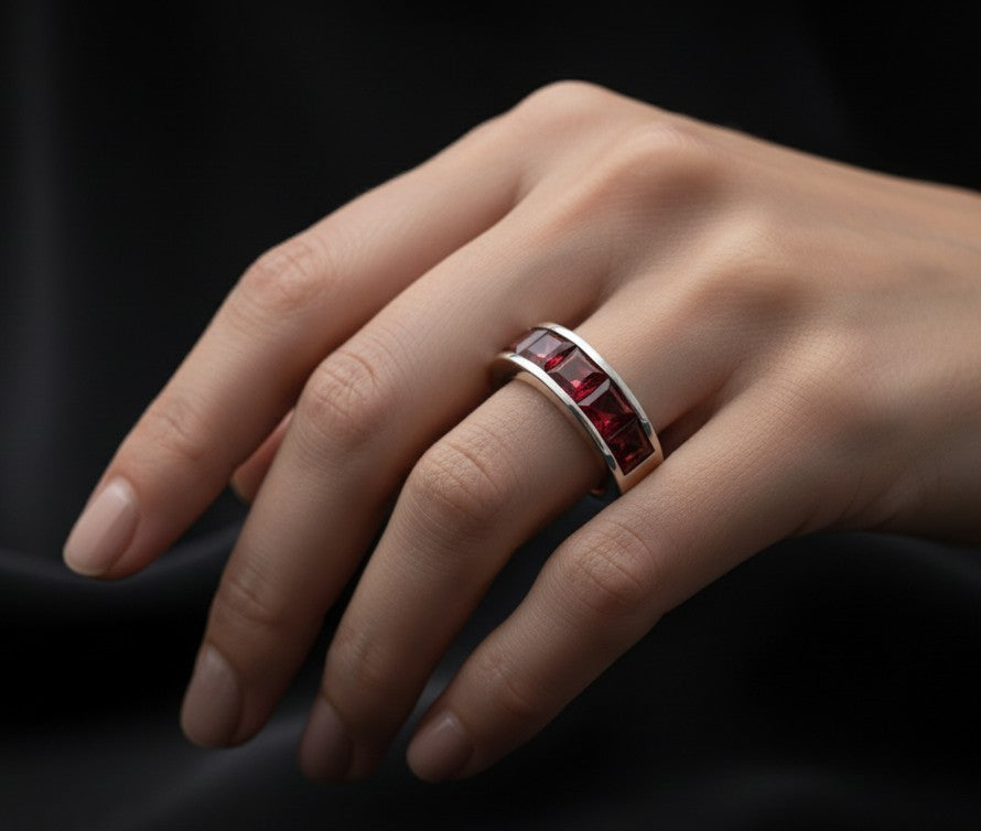 Deep Passion Band: Natural Channel-Set Square Garnet Eternity Ring in Sterling Silver