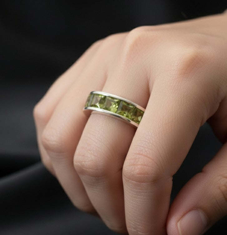 Verdant Glow Band: Natural Channel-Set Peridot Eternity Ring in Sterling Silver
