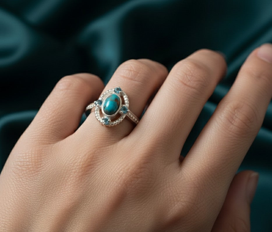 Celestial Bloom Ring: Natural Oval Turquoise & Blue Topaz Cluster in Sterling Silver