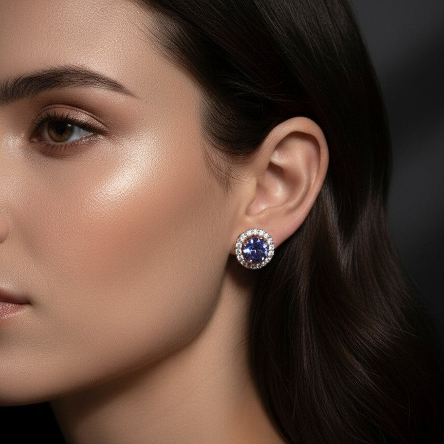 Natural Tanzanite & Moissanite Halo Stud Earrings in 925 Sterling Silver