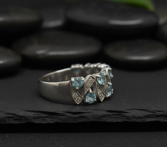 Aqua Wave Ring: Natural Blue Topaz & Moissanite Pave Band in Sterling Silver