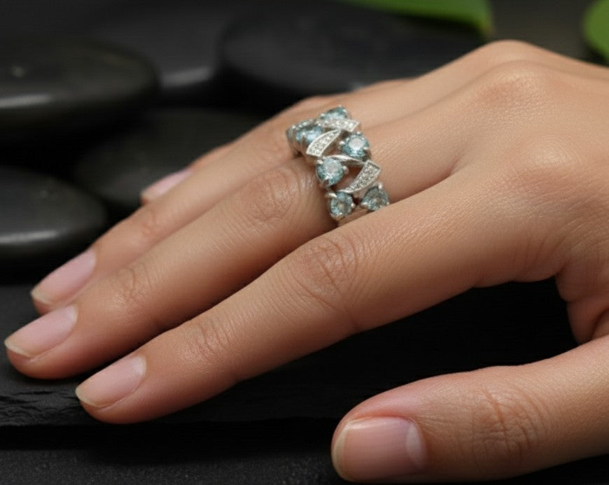 Aqua Wave Ring: Natural Blue Topaz & Moissanite Pave Band in Sterling Silver