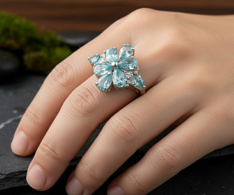 Aqua Garden Cluster Ring: Natural Blue Topaz Flower with Moissanite Accents Ring