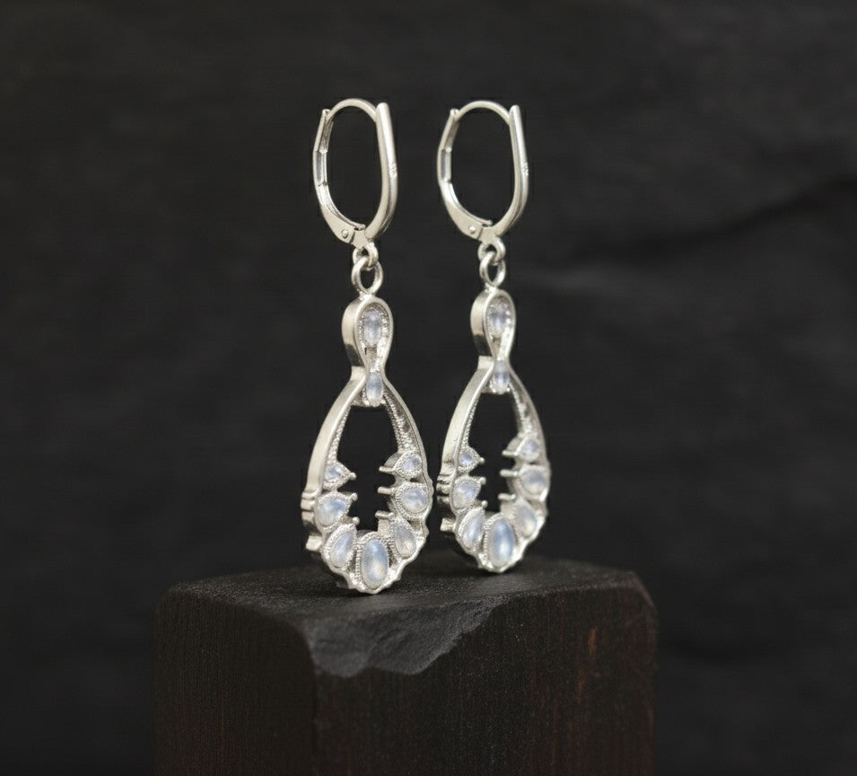 Ethereal Cascade Earrings: Natural Moonstone Drops with Dazzling Moissanite Accents