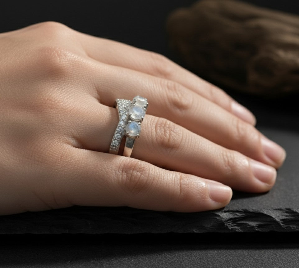 Celestial Cross Ring: Natural Moonstone Trio with Sparkling Moissanite Bypass Band