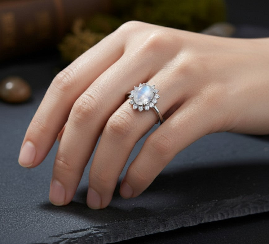 Celestial Halo Ring: Natural Moonstone & Dazzling Moissanite Sunburst Setting