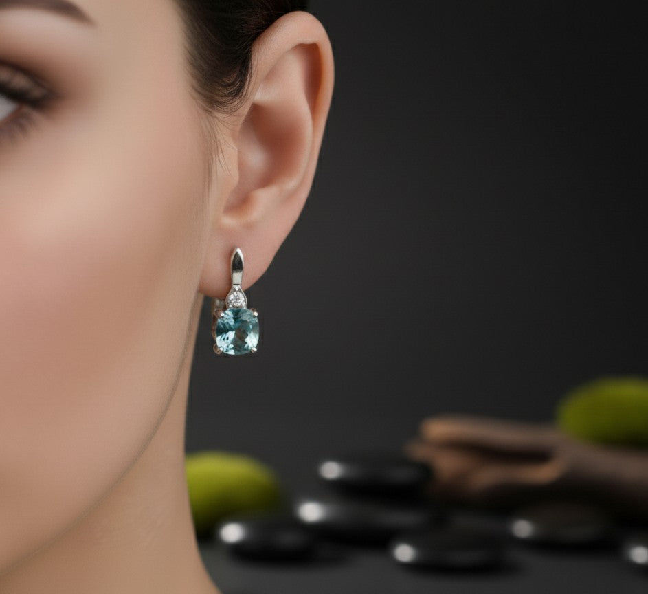 Tranquil Drop Earrings: Natural Cushion Blue Topaz & Moissanite Dangles in Sterling Silver