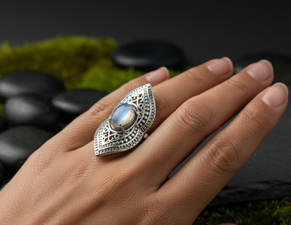 Moonlit Bloom Ring: Natural Oval Moonstone Statement Ring in Antiqued Sterling Silver