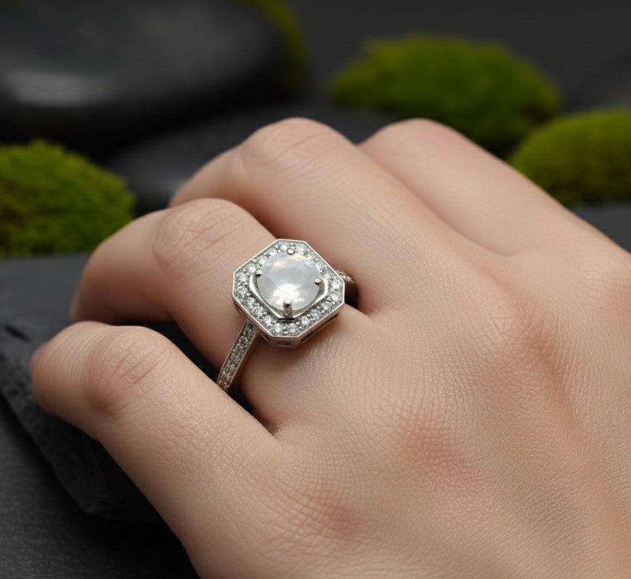 Celestial Halo Ring: Natural Moonstone & Dazzling Moissanite Cluster in Sterling Silver