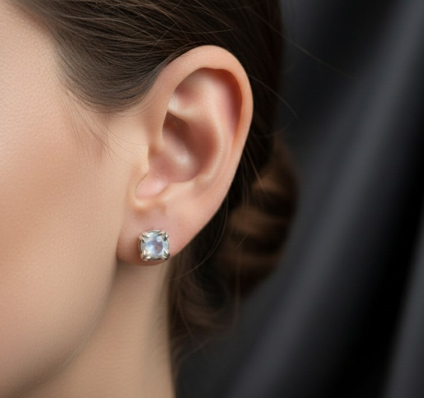 Mystic Glow Studs: Natural Round Moonstone Earrings in Sterling Silver