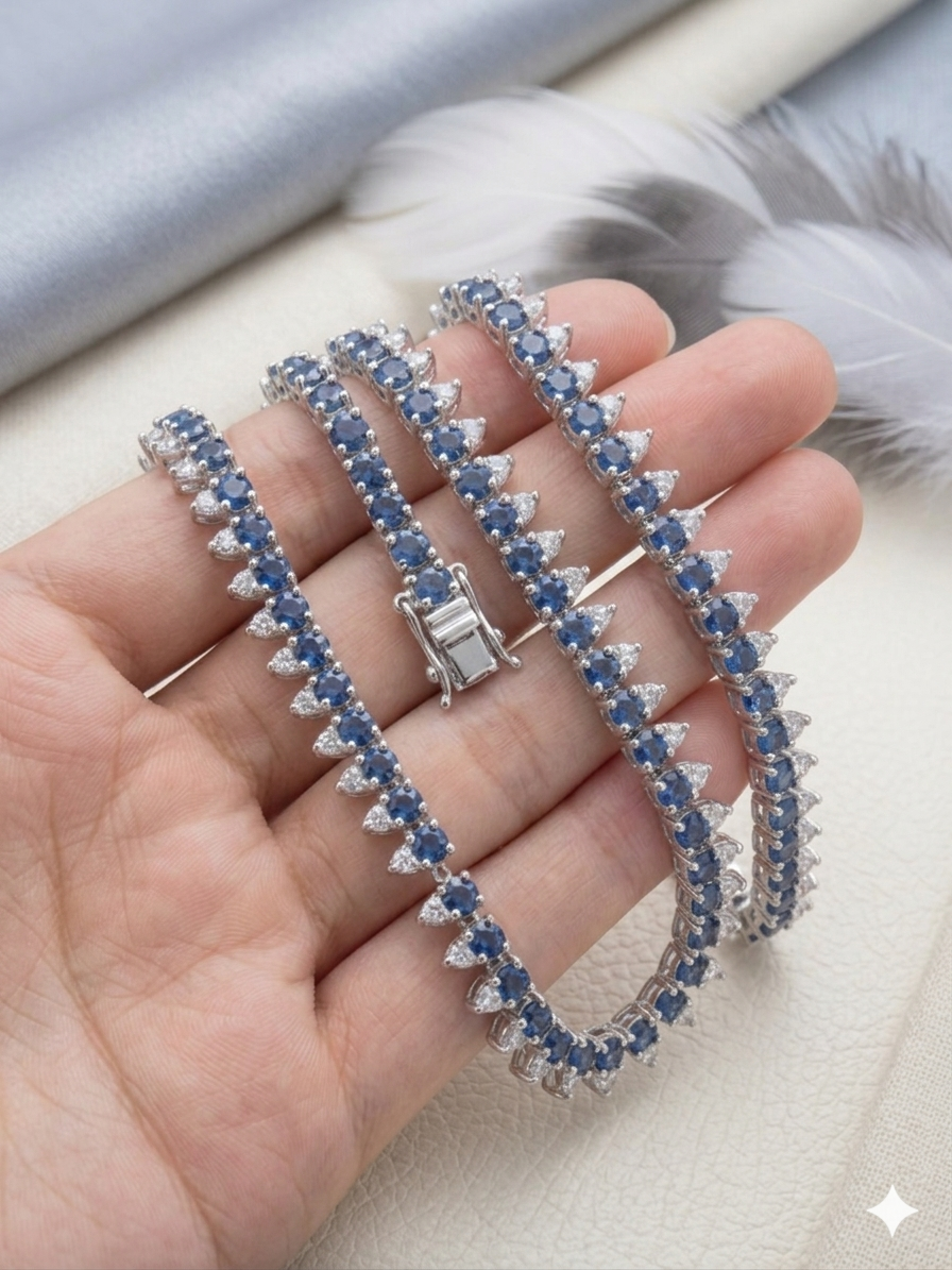Blue Sapphire Halo Tennis Necklace – Round Cut Gemstone Strand Necklace for Women