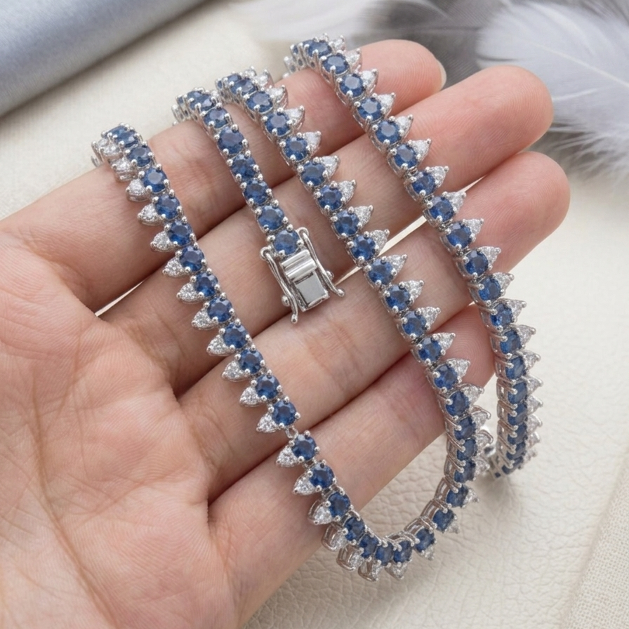 Blue Sapphire Halo Tennis Necklace – Round Cut Gemstone Strand Necklace for Women