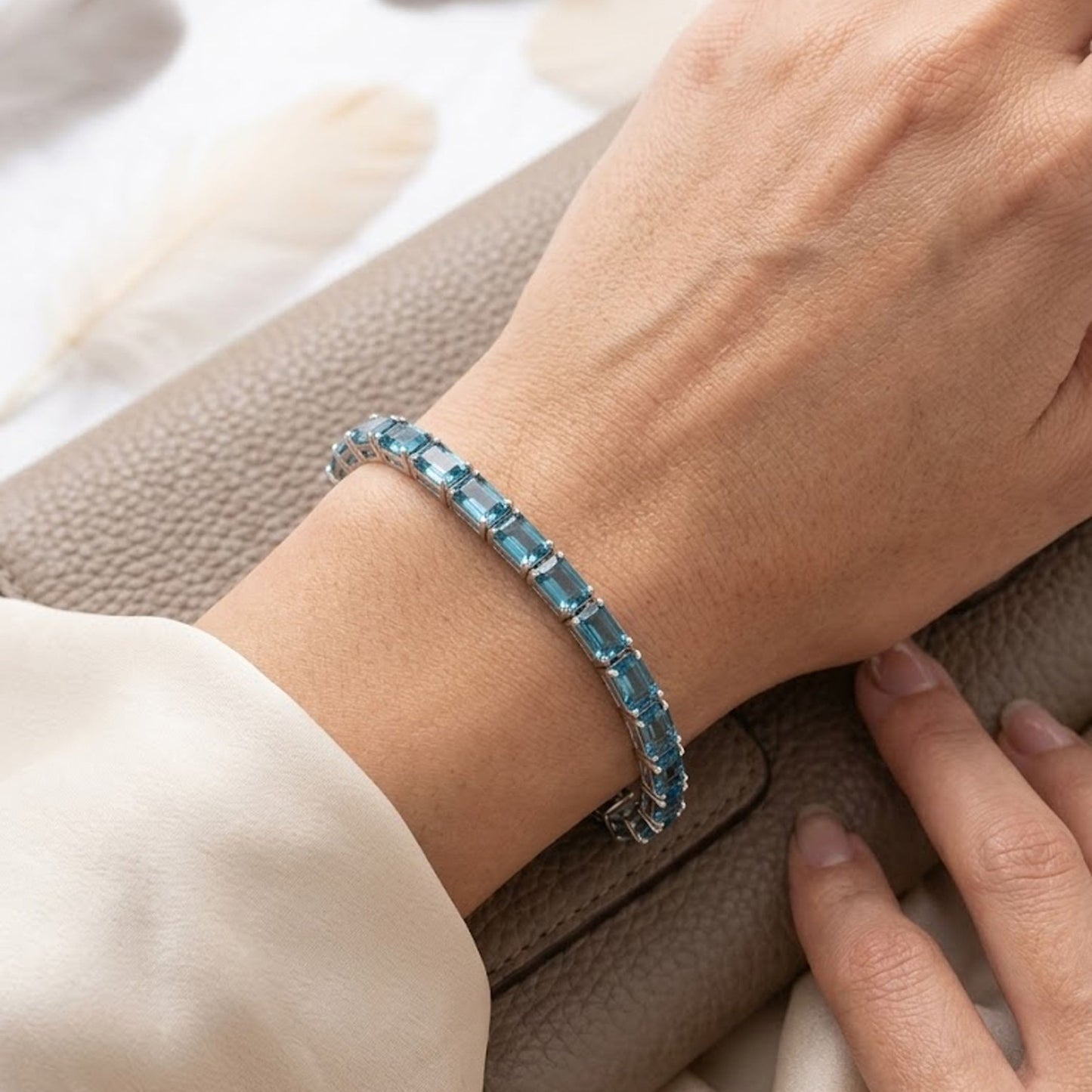 Natural Swiss Blue Topaz Tennis Bracelet – Octagon Cut Gemstone Jewelry for Women