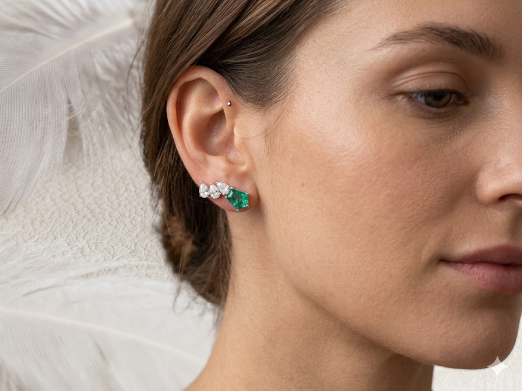 Emerald & Moissanite Cluster Earrings – Green Gemstone Jewelry for Women