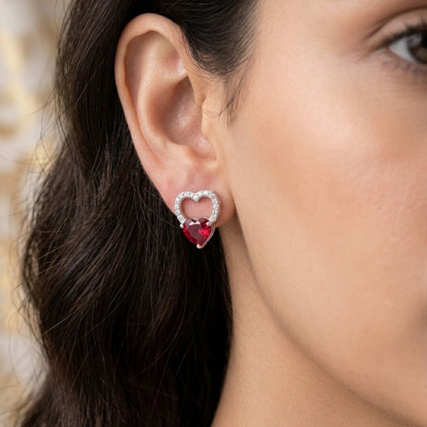Natural Garnet & Moissanite Heart Stud Earrings – Romantic Gemstone Jewelry for Women