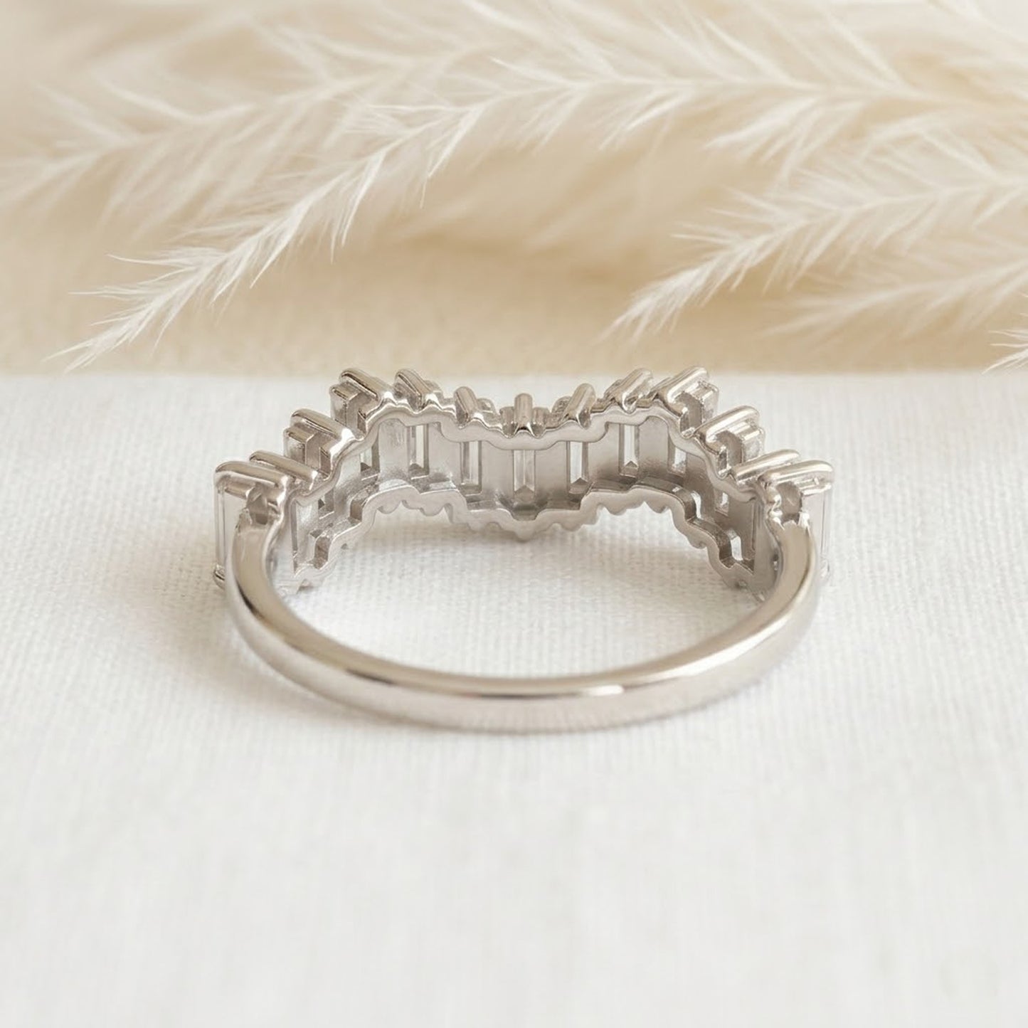 Baguette Moissanite Curved Wedding Band – Chevron Stacking Ring for Women