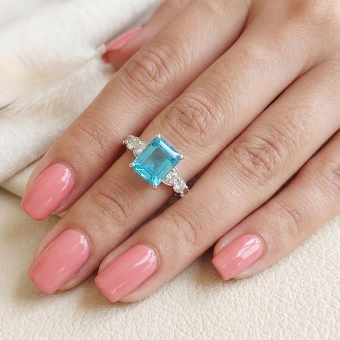 Blue Topaz & Moissanite Engagement Ring – Emerald Cut Blue Gemstone Ring for Women