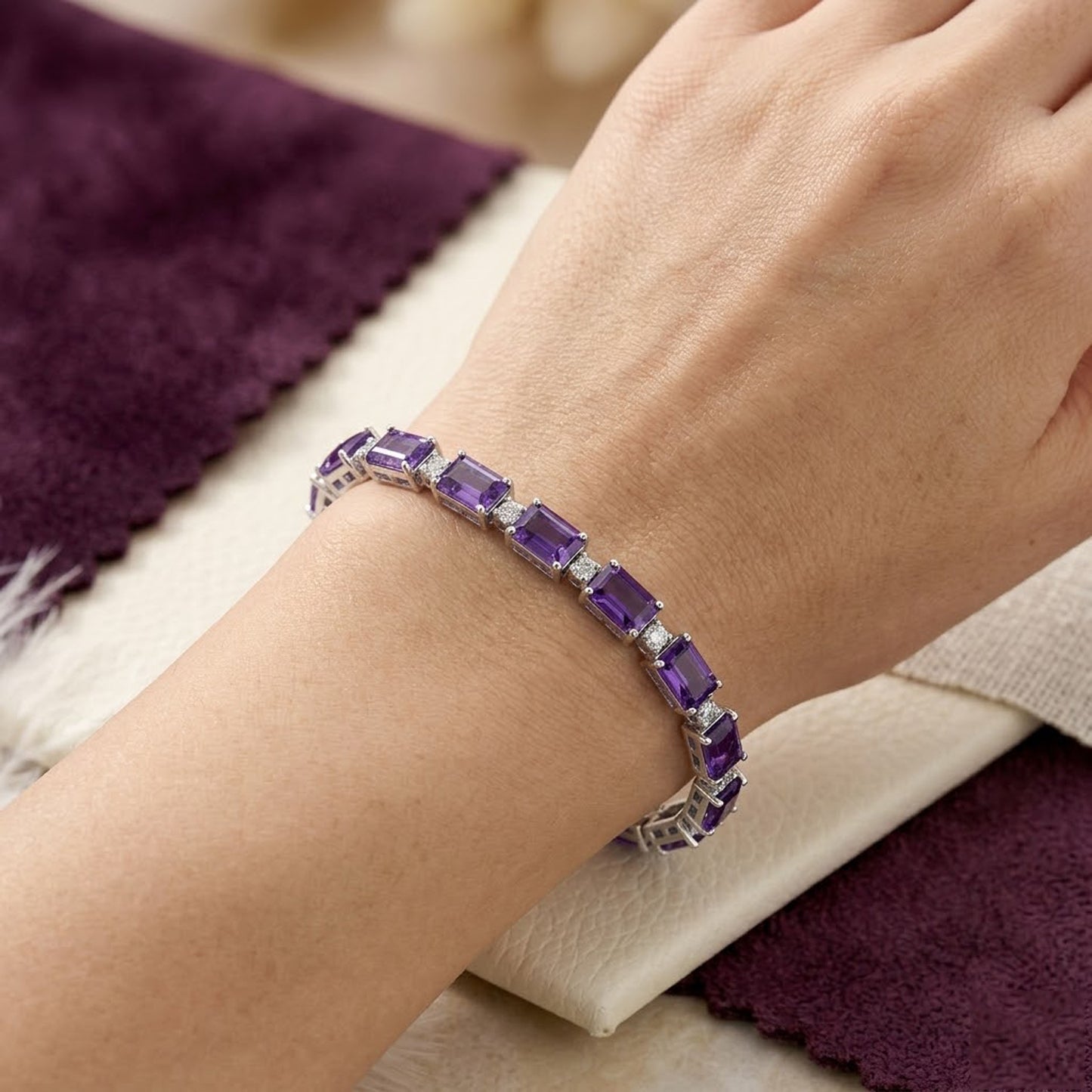 Natural Amethyst & Moissanite Tennis Bracelet – Octagon Cut Gemstone Jewelry for Women