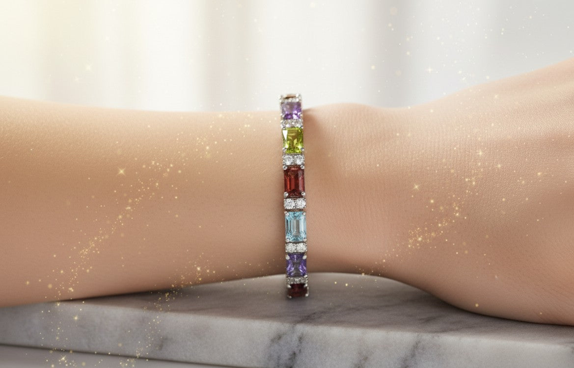 Rainbow Eternity Bracelet: Natural Gemstones & Brilliant Moissanite in Sterling Silver