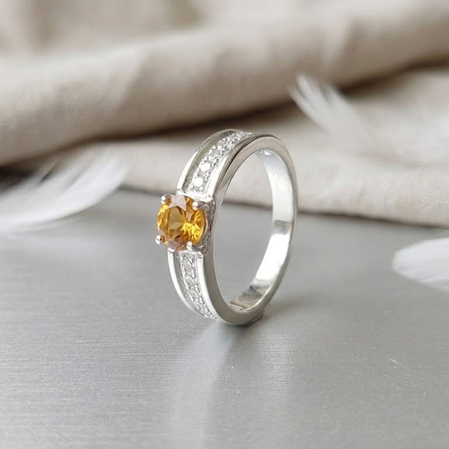 Citrine & Moissanite Accent Ring – Round Cut Vintage Promise Band for Women