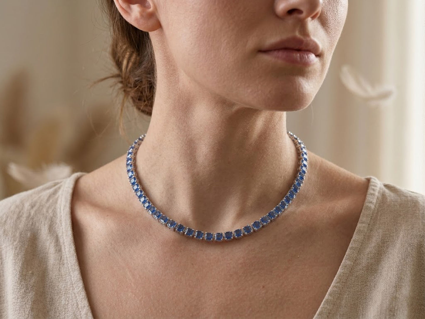 Natural Blue Sapphire Tennis Necklace β Princess Cut Gemstone Jewelry for Women