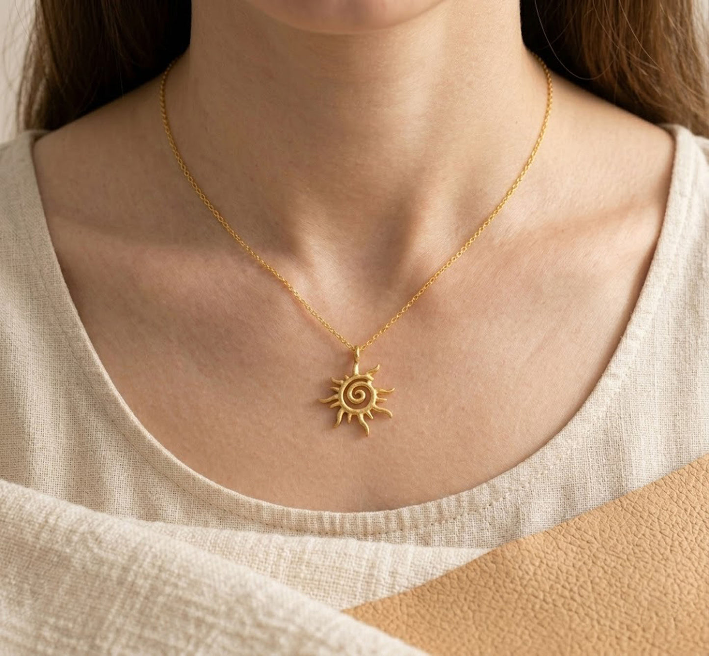 Handmade 18K Gold Spiral Sun Necklace – Minimalist Celestial Pendant for Women
