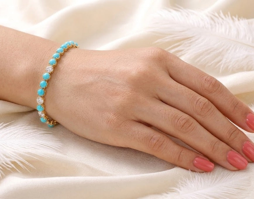 Natural Turquoise & Moissanite Tennis Bracelet โ Handmade Gemstone Link Bracelet for Women