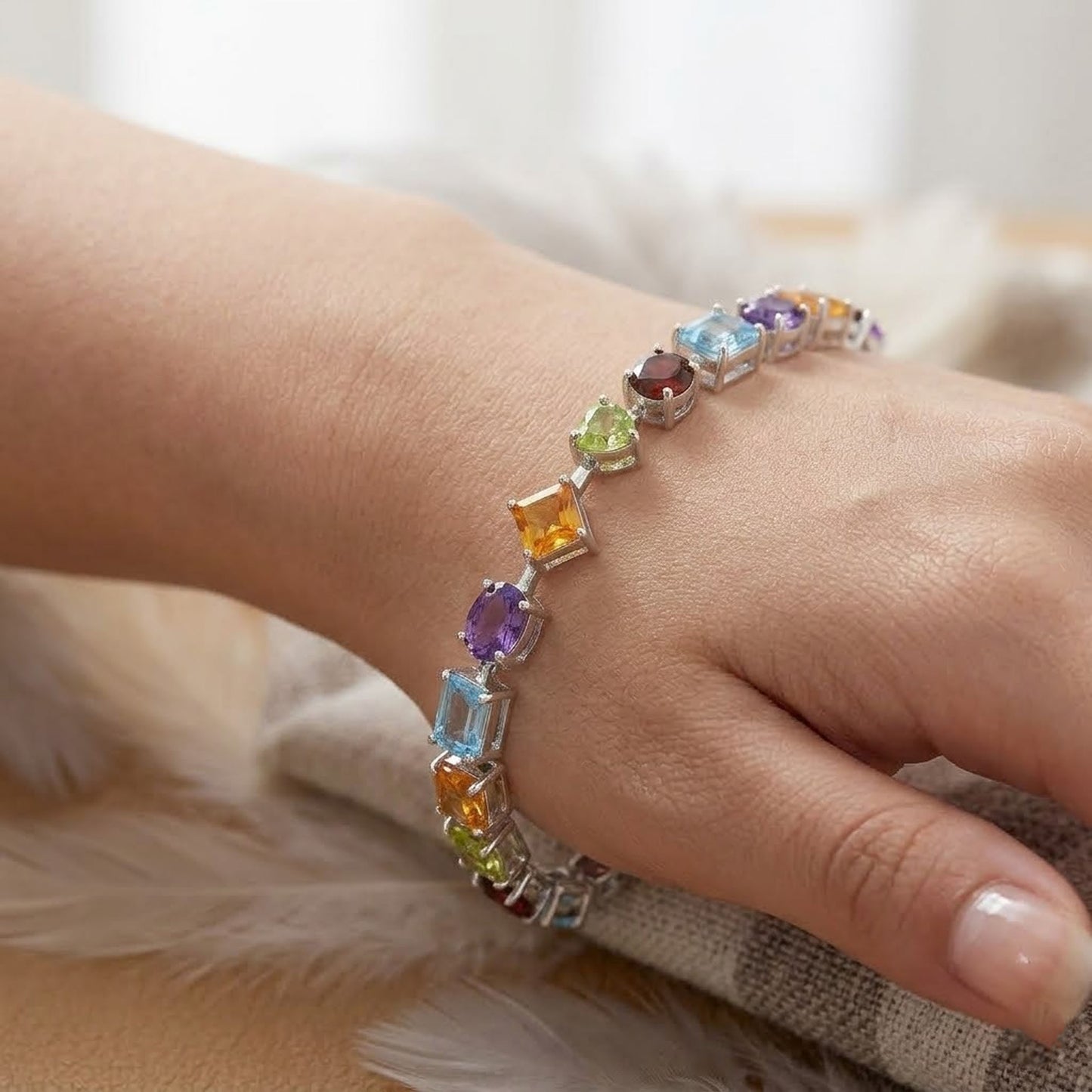 Natural Multi Gemstone Link Bracelet – Handmade Multi-Shape Colorful Jewelry