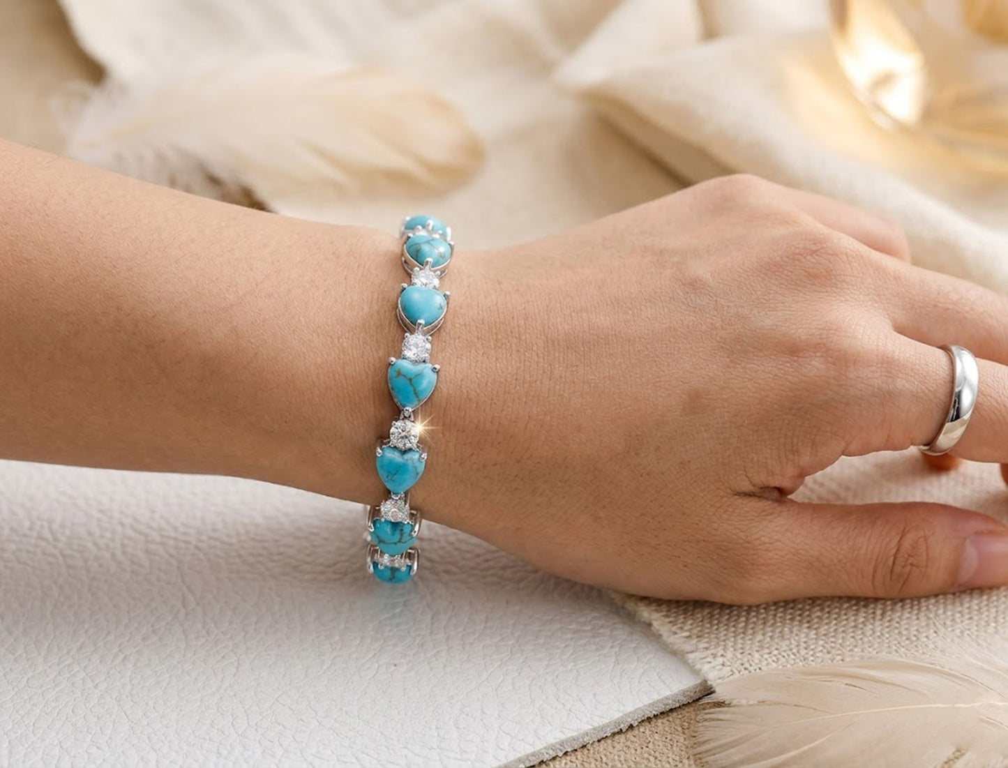 Natural Turquoise & Moissanite Heart Tennis Bracelet β Handmade Gemstone Jewelry for Women