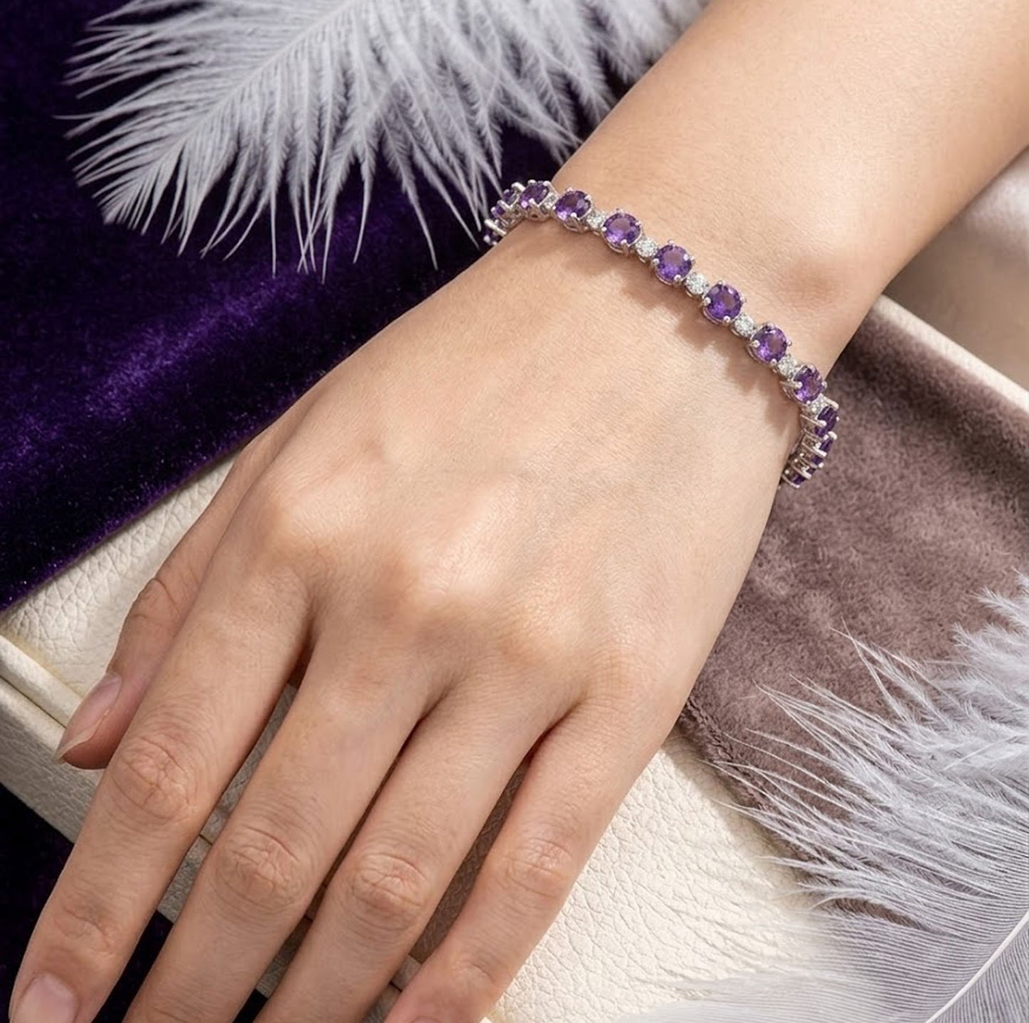 Natural Amethyst & Moissanite Tennis Bracelet – Handmade Gemstone Jewelry for Women