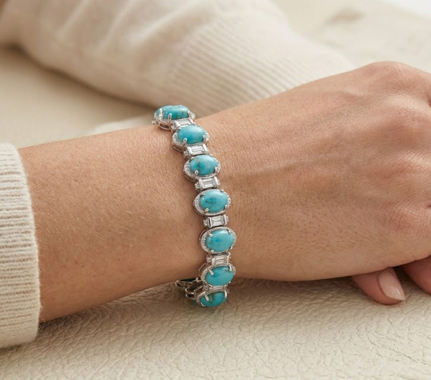 Natural Turquoise & Moissanite Tennis Bracelet – Vintage Gemstone Bracelet for Women