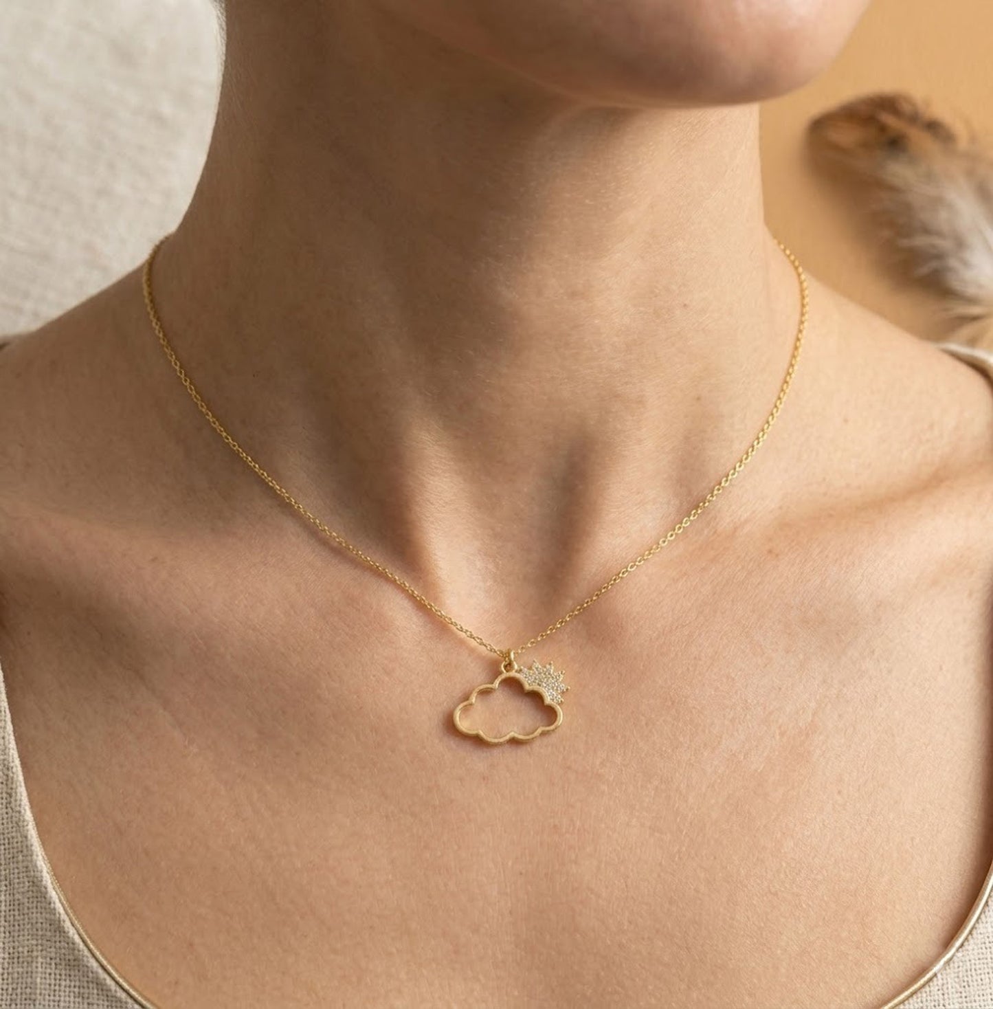 Handmade 18K Gold Sun & Cloud Moissanite Necklace – Dainty Celestial Pendant for Women