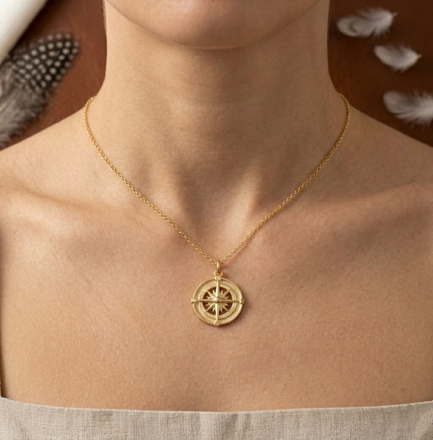 Handmade 18K Gold Compass Necklace – Vintage Nautical Medallion Pendant for Women