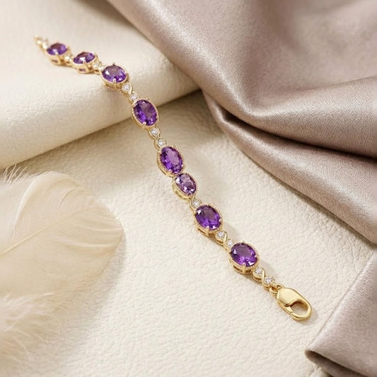 Natural Amethyst & Moissanite Link Bracelet – Purple Gemstone Jewelry for Women