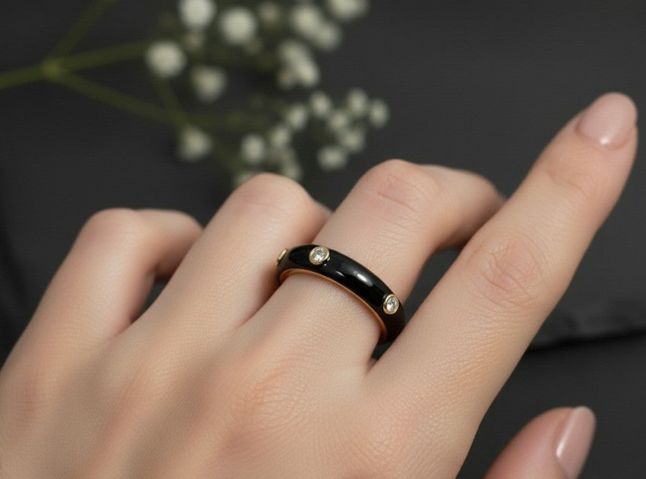 Brilliant Dot Band: Natural Moissanite Eternity Ring with Black Enamel in Sterling Silver