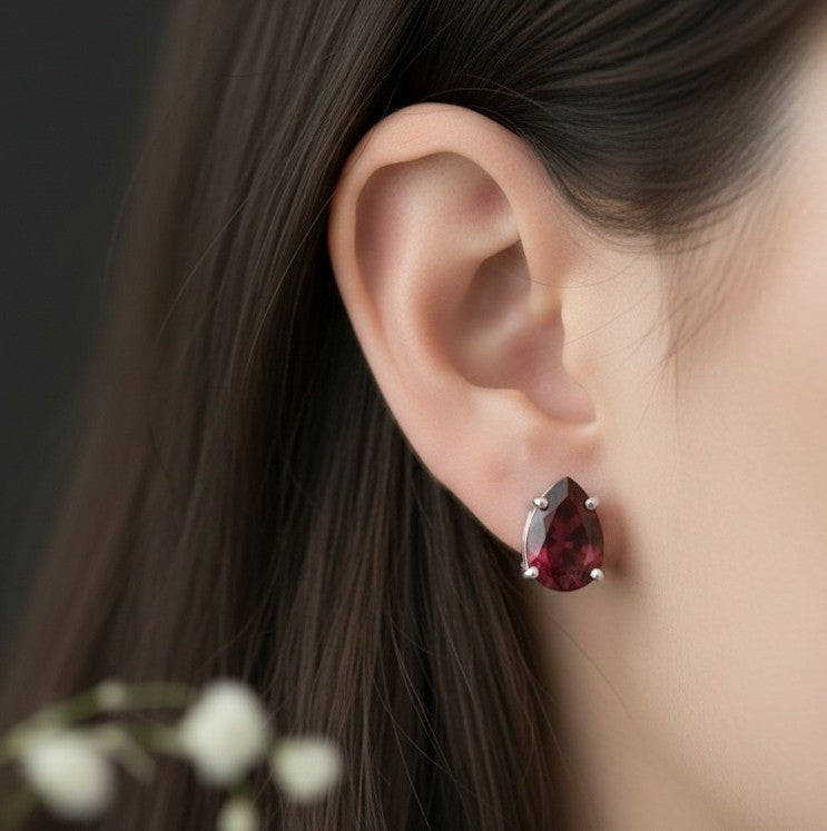 Passion Drops: Natural Deep Red Garnet Pear Stud Earrings in Sterling Silver