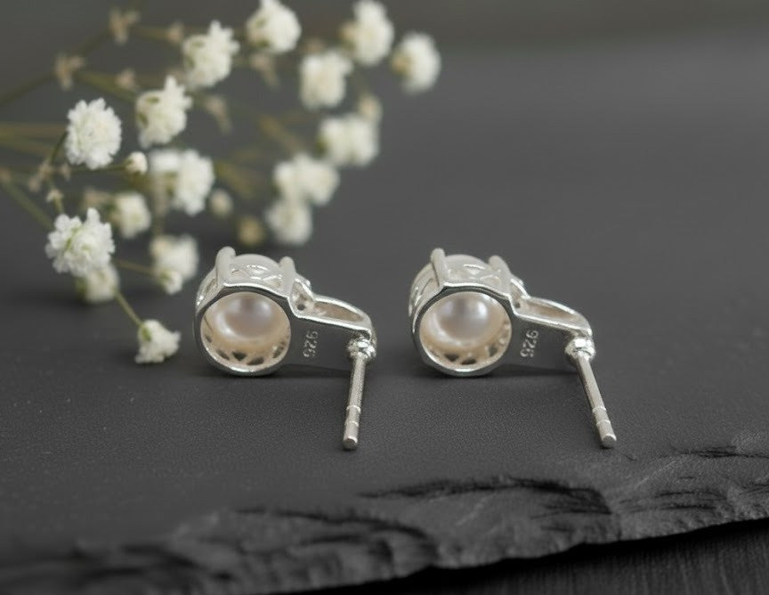 Heirloom Pearl Studs: Natural Pearl & Moissanite Halo Earrings in Sterling Silver