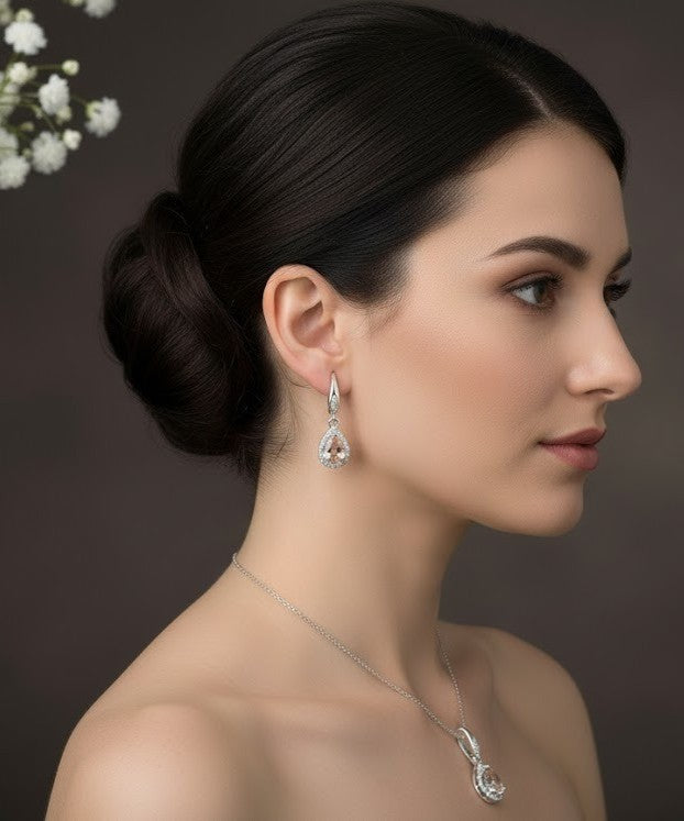 Romantic Blush Set: Natural Morganite & Moissanite Halo Pendant & Drop Earrings Jewelry Set