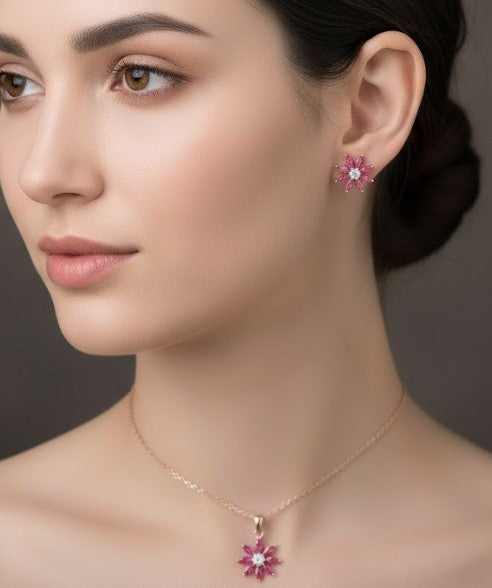 Ruby Petal Set: Natural Ruby & Moissanite Flower Pendant & Stud Earrings