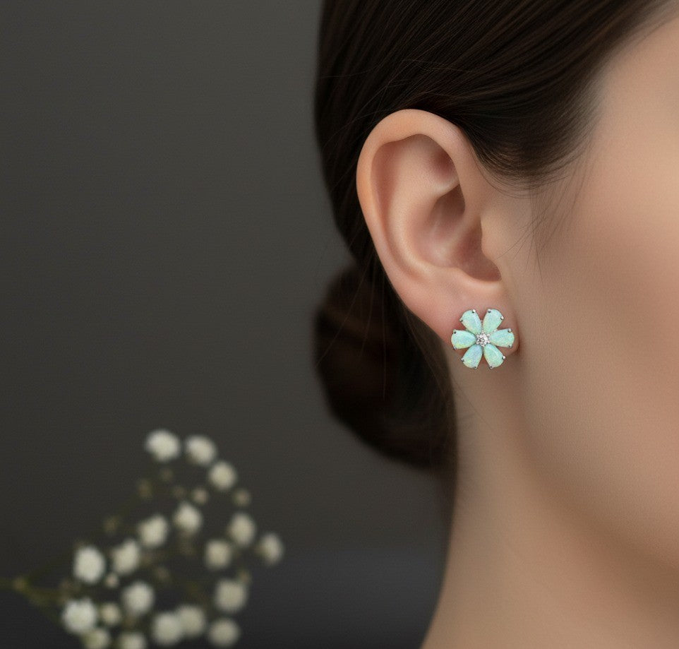 Celestial Daisy Studs: Natural Opal Flower with Dazzling Moissanite Center