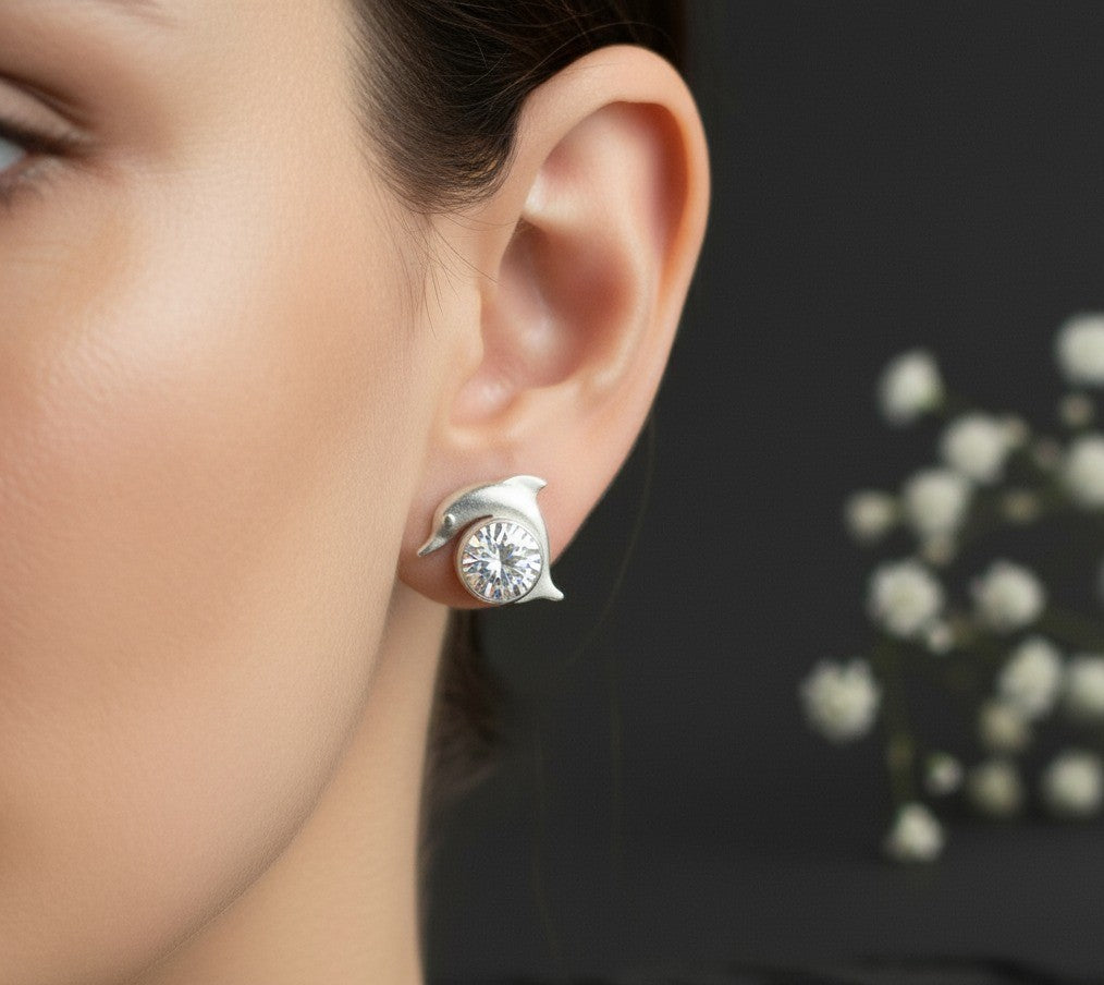 Playful Sparkle Studs: Natural Moissanite Dolphin Earrings in Sterling Silver