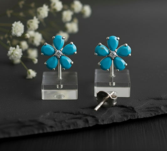 Blossom Studs: Natural Turquoise & Brilliant Moissanite Flower Earrings in Sterling Silver