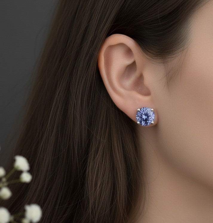 Violet Fire Studs: Natural Round Tanzanite Solitaire Earrings in Sterling Silver