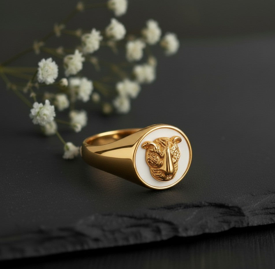Majestic Tiger Ring: Intricate Gold-Tone Tiger Head on White Enamel Signet